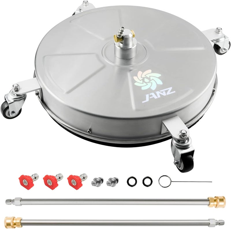 janz 18" Pressure Washer Surface Cleaner with 4 Wheels,1/4" Quick Plug,Stainless Steel Housing,2 Extension Wand Attachments, 3 Spray Nozzles and 2 Replacement Nozzles, 4000 PSI - Image 1